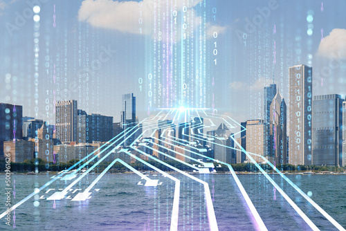 City view, downtown skyscrapers, Chicago skyline panorama, Lake Michigan, harbor area, daytime, Illinois, USA. Artificial Intelligence concept. AI, machine learning, neural network, robotics. Hologram