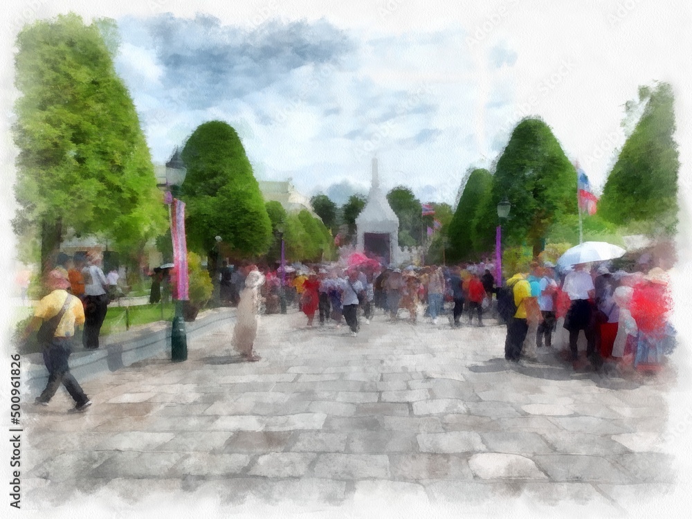 Landscape of the Grand Palace Wat Phra Kaew Bangkok Thailand watercolor style illustration impressionist painting.