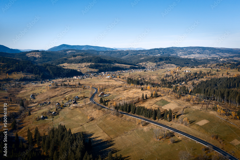 aerial landscape view of mountain village
