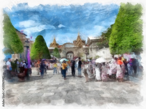 Landscape of the Grand Palace Wat Phra Kaew Bangkok Thailand watercolor style illustration impressionist painting.