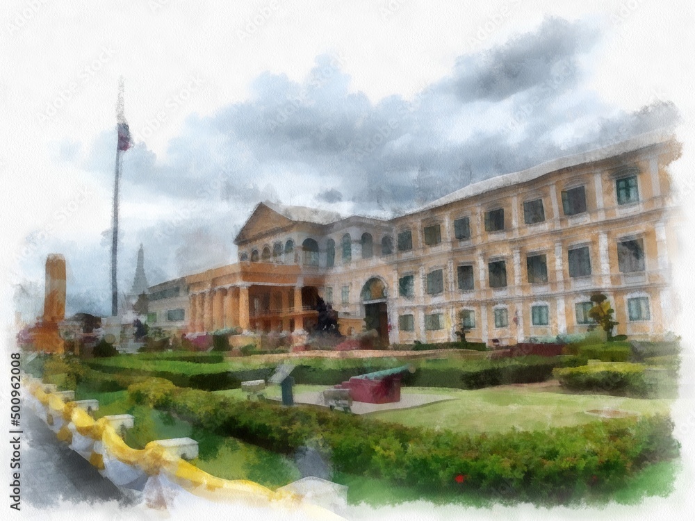Ancient buildings of European architecture in Bangkok watercolor style illustration impressionist painting.