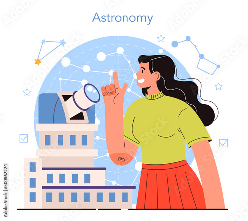 Diverse women in science. Female astronomer looking through a telescope