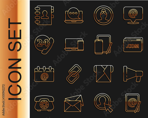 Set line Mail and e-mail, Megaphone, Website template, Create account screen, Monitor, Telephone 24 hours support, Address book and Phone graphic tablet icon. Vector