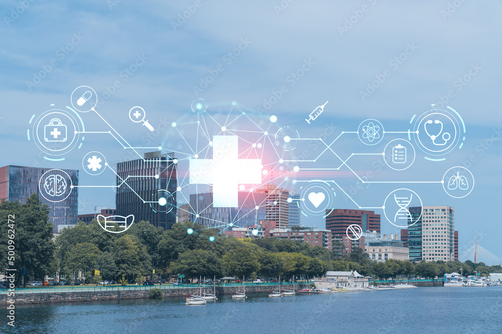 Panorama Boston city view skyline and Massachusetts Institute of Technology campus at day time. Glowing healthcare digital medicine icons. The concept of treatment from disease, Threat of pandemic