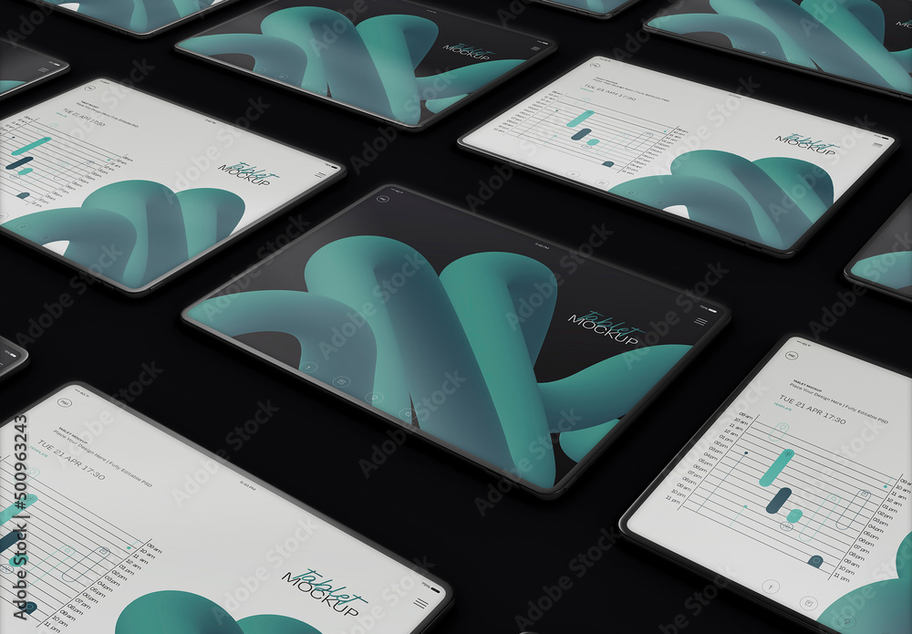 Tablet Screen Design 3D Array of Horizontal Tablet Screens Mockup Stock Template | Adobe Stock