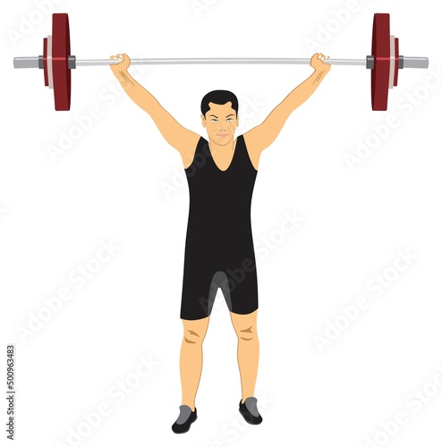 Weightlifting Sport an athlete lifting a barbell loaded olympic summer weight game using the stanch and lift bar weightlifter man or women icon logo concept vector drawing illustration competition
