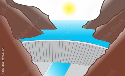 Dam drawing structure built across river or stream to hold water made by man between mountains type of nature control by human horizon with sun rise forming artificial kind a lake concept vector