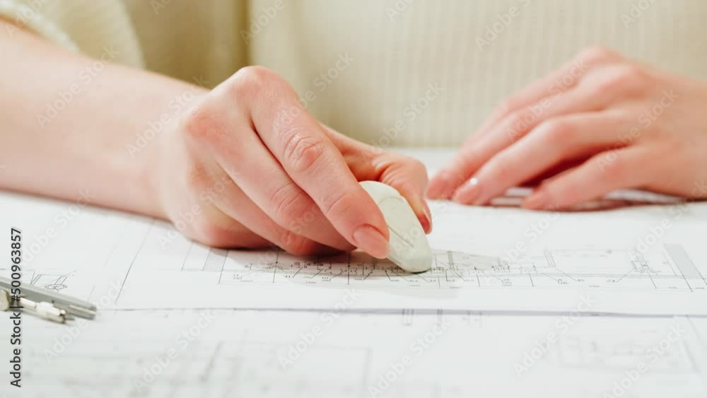 Architect designer drawing plan blueprint close-up, using eraser. Professional engineer working, interior creator making architectural house project, drafting building. Architect designer drawing plan blueprint close-up, using eraser. Professional engineer working, interior creator making architectural house project, drafting building.