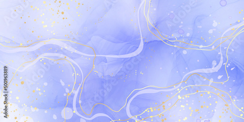 Cyan navy liquid marble watercolor background with gold lines and brush stains. Teal turquoise marbled alcohol ink drawing effect. Vector illustration backdrop, watercolour wedding invitation