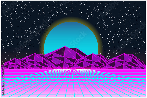 Retro Sci-Fi futuristic background 1980s and 1990s style 3d illustration. Digital landscape in a cyber world. For use as design cover.