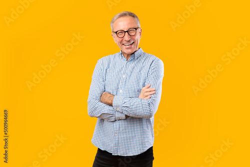 Portrait of happy mature man posing at studio