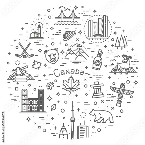 Country Canada travel vacation guide of goods, place and feature. Illustration