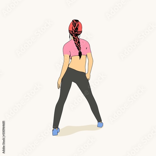 Standing woman. Sport girl illustration. Casual sportwear - t-shirt, breeches and sneakers. Young woman wearing workout clothes. Sport fashion girl outline in urban casual style. Back view