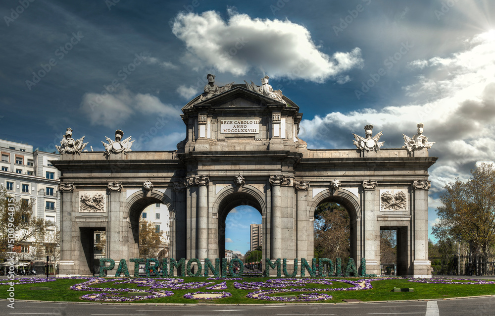 Puerta de Alcalá, located in the center of the Plaza de la Independencia roundabout, world Heritage, Patrimonio mundial Madrid.