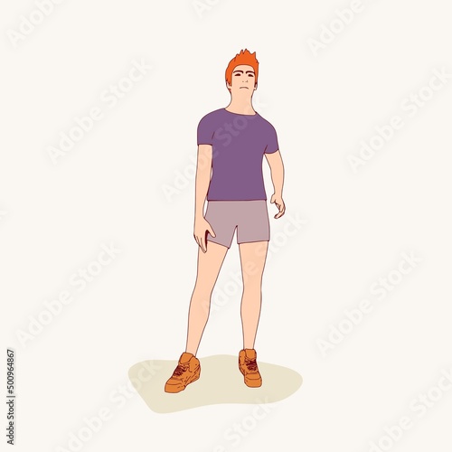 Standing man. Sport boy illustration. Casual sportwear - t-shirt, breeches and sneakers. Young man wearing workout clothes. Sport fashion boy outline in urban casual style.