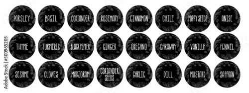 Vector set of stickers for spices.  basil, parsley, coriander, rosemary, cinnamon, chili, pepper, thyme, turmeric, black pepper, ginger, oregano, cumin, poppy, anise, garlic, dill, mustard, saffron, v