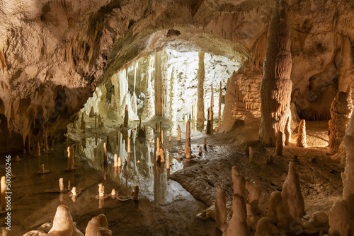 Beautiful view of the Frasassi caves, Grotte di Frasassi, a huge karst cave system in Italy. photo