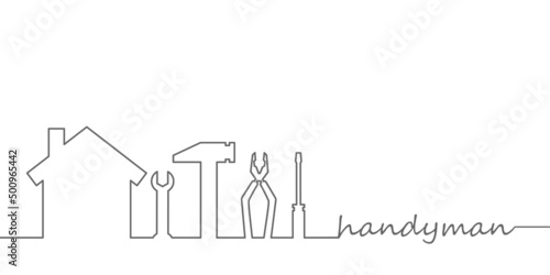 Professional handyman services. Vector banner template with silhouette  of house and repair tools silhouette and text space.  Repair tools on white background for your web site design, app, UI. EPS10.