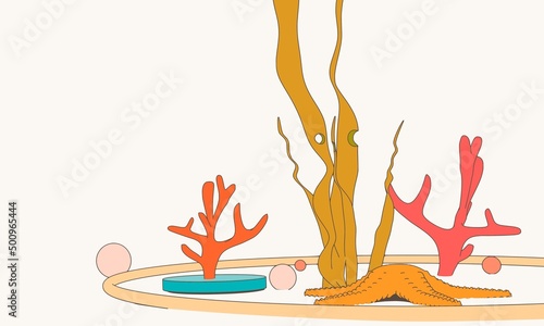 Underwater world sea bottom. Algae of coral reef and sea stars. Seafloor with flora and fauna. Marine wildlife scenery.