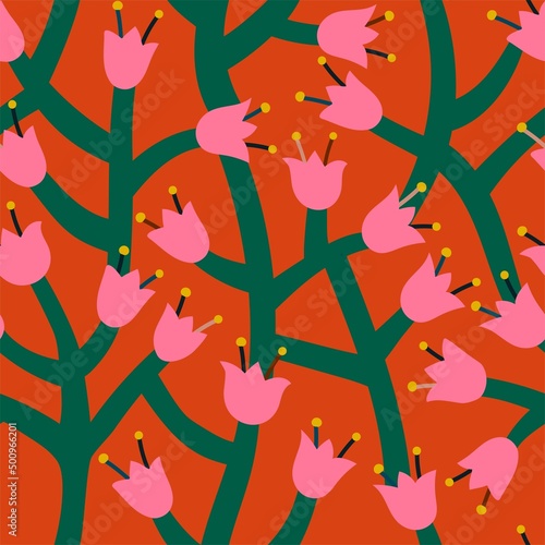 Cute minimalistic seamless pattern witn pink bells flowers on red background. Stylish flower design for textile, wallpaper, dresses and ect.