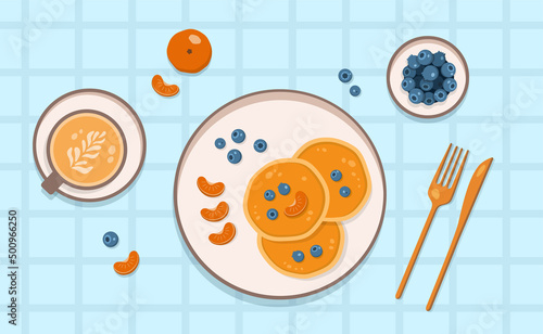 Pancakes on a plate with blueberries, mandarin slices and a cup of coffee. Vector illustration in flat style.