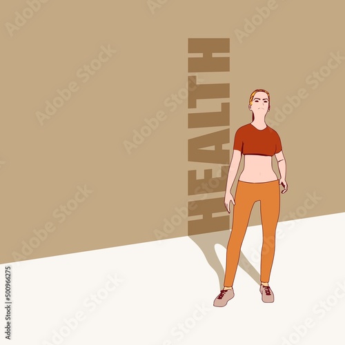 Standing woman. Sport girl casting a shadow of health word. Young woman wearing workout clothes. Sport fashion girl outline in urban casual style.