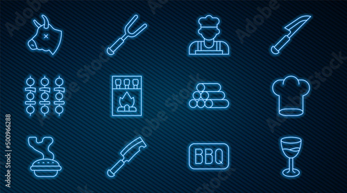 Set line Wine glass, Chef hat, Cook, Matchbox and matches, Grilled shish kebab, Cow head, Wooden logs and Barbecue fork icon. Vector