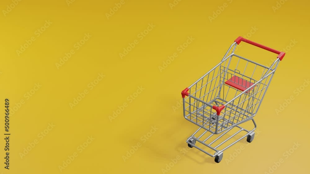 Realistic Shopping Cart Trolley Mock-Up slide into a scene and have a copy space on a yellow background for video edit. 3d Rendering 4k 60fps. Realistic Shopping Cart Trolley Mock-Up slide into a scene and have a copy space on a yellow background for video edit. 3d Rendering 4k 60fps.
