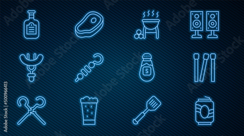 Set line Soda can, Matches, Barbecue grill, Grilled shish kebab, Sausage on the fork, Sauce bottle, Salt and Steak meat icon. Vector