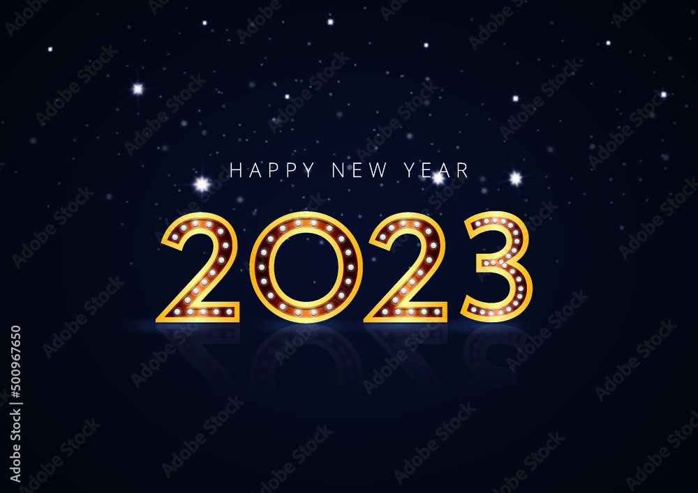 Happy new 2023 year Elegant gold text with light. Minimalistic text template
