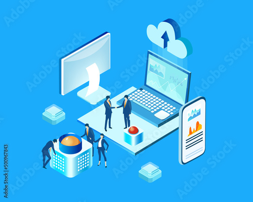 Business people working in data centre, receiving and analysing information, making decisions. Big data concept. Isometric 3D illustration.