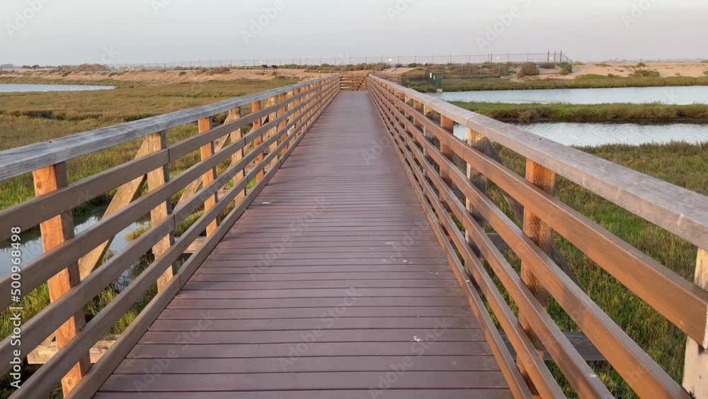 walking slowly over bridge through marsh walking slowly over bridge through marsh