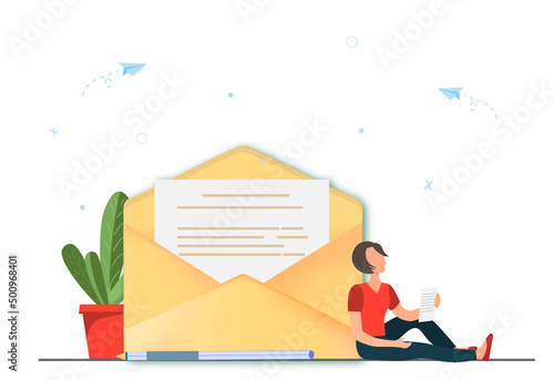 Happy young woman reading mail with envelop on the background, mail and messaging concept, email marketing concept, new email message, flat vector illustration