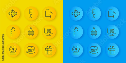 Set line Christmas snow globe, candy cane, ball, Gift box, Snowflake speech bubble, mitten and Glass of champagne icon. Vector