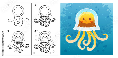 step-by-step tutorial, drawing. children's creativity, development, teaching painting and drawing. cute jellyfish, line and color, coloring pages. guide, lesson, sketching, sketch.
