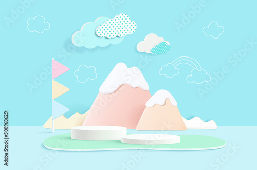 3D rendring of colorful pastel clouds and rainbow with empty space for kids or baby product.
