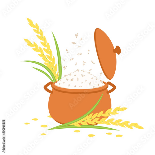 Cooking rice in earthen pot. Earth pot vector. Hot rice in Pot.