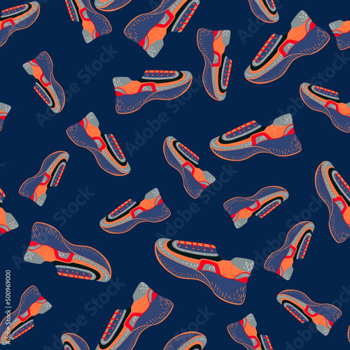 Seamless pattern with modern sneakers. Background with shoes for active lifestyle in doodle style.