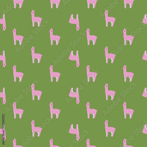 Cheerful alpaca seamless pattern. Background with funny llama in doodle style for fabric.