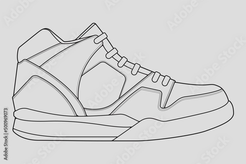 Shoes sneaker outline drawing vector, Sneakers drawn in a sketch style, black line sneaker trainers template outline, vector Illustration.
