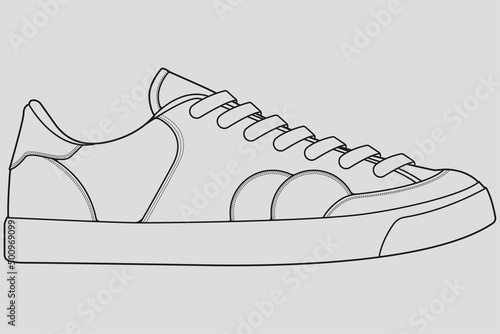 Shoes sneaker outline drawing vector, Sneakers drawn in a sketch style, black line sneaker trainers template outline, vector Illustration.
