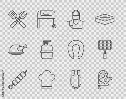 Set line Grilled shish kebab, Oven glove, Kitchen apron, Chef hat, Crossed fork and spatula, Propane gas tank, Meat tongs and Barbecue steel grid icon. Vector