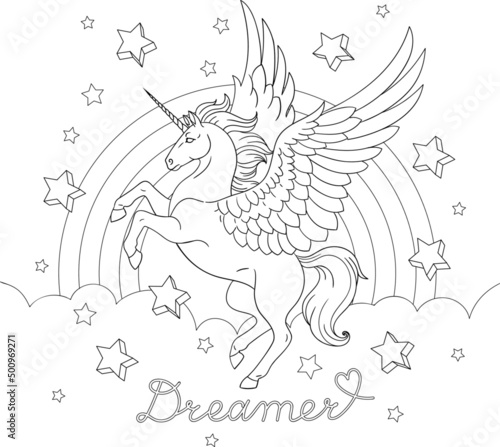 Dreamer lettering. Pegasus with rainbow and stars. Isolated outline for coloring book
