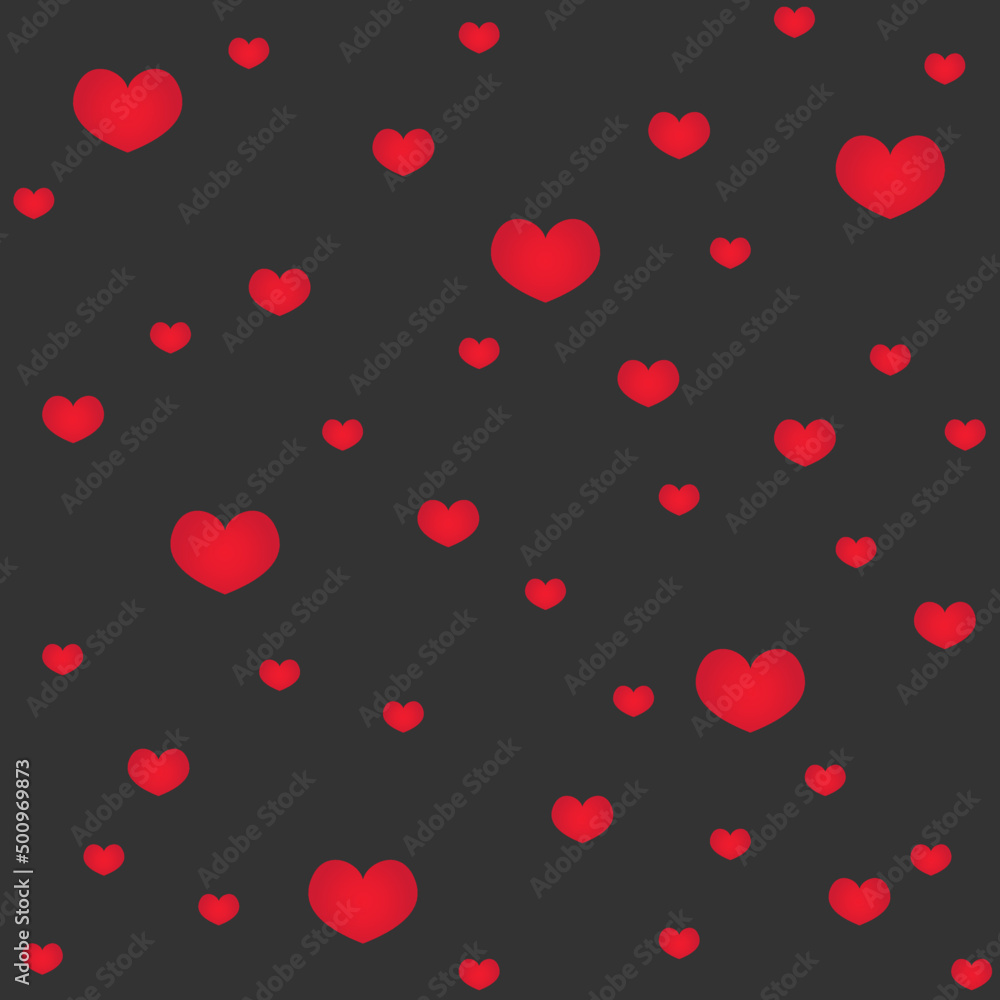 Simple hearts seamless pattern. Valentines day background. Flat design endless chaotic texture made of tiny heart silhouettes. Shades of red. Red hearts at black background
