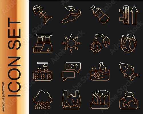 Set line Deforestation, Dead fish, Global warming fire, Bottle of water, Sun, Nuclear power plant, and Gas pump nozzle and globe icon. Vector