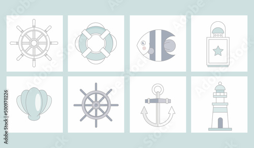 Decor in the style of sea travel, anchor, lifebuoy, lantern. Icon set