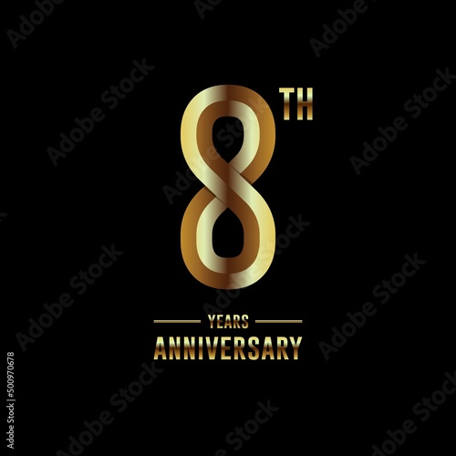 8th Anniversary logotype. Anniversary celebration template design with golden ring for booklet, leaflet, magazine, brochure poster, banner, web, invitation or greeting card. Vector illustrations.