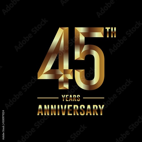 45th Anniversary logotype. Anniversary celebration template design with golden ring for booklet, leaflet, magazine, brochure poster, banner, web, invitation or greeting card. Vector illustrations.