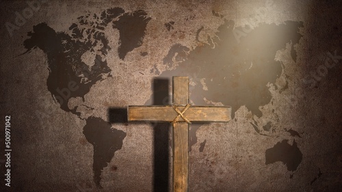 The Holy Cross and the World Gospel on world background. photo