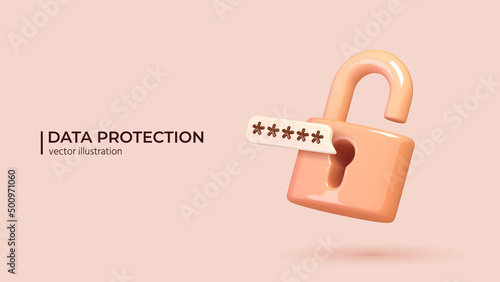 Data protection, safety, encryption, protection, privacy concept. Realistic 3d design of padlock, lock with password. The personal data protection. Vector illustration in cartoon minimal style.